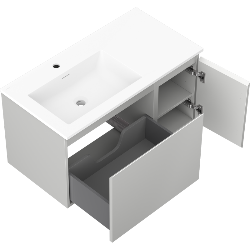 Mexen Orio Badezimmerunterschrank 90 cm mit linkem Waschbecken Otis, 1S, 1D, graumatt/weißmatt - 91A13-09047-3-BBFF62-W18L01
