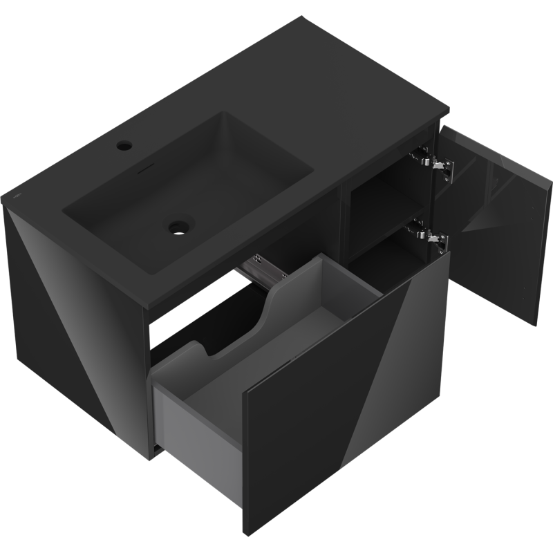 Mexen Orio Badezimmerschrank 90 cm mit Waschtisch Otis links, 1S, 1D, schwarz glänzend/schwarz matt