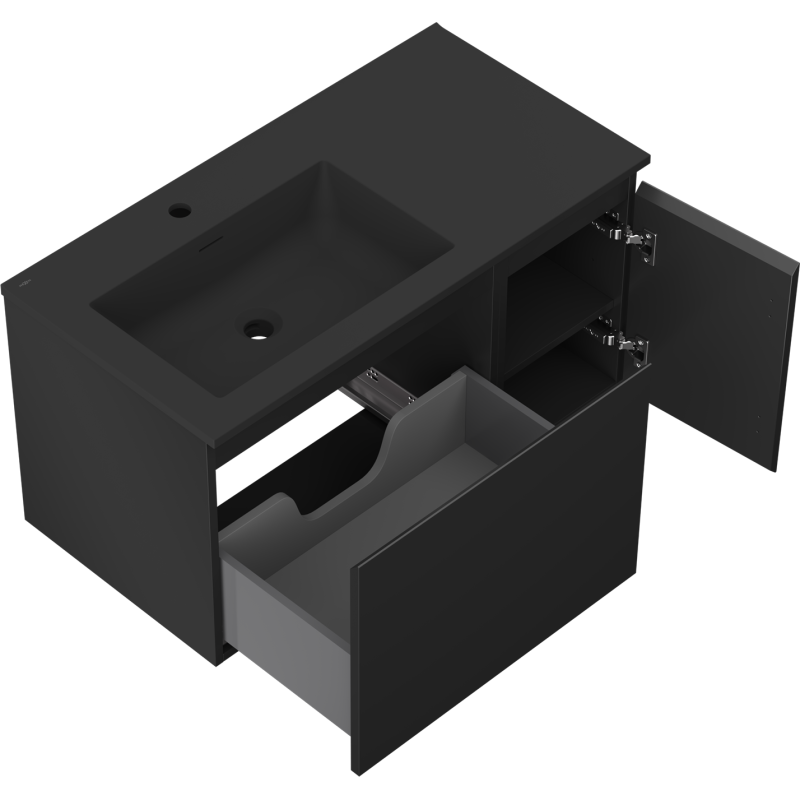 Mexen Orio Badezimmerunterschrank 90 cm mit linksseitigem Otis-Waschbecken, 1S, 1D, schwarz matt - 91A13-09047-3-BBFF71-W18L71