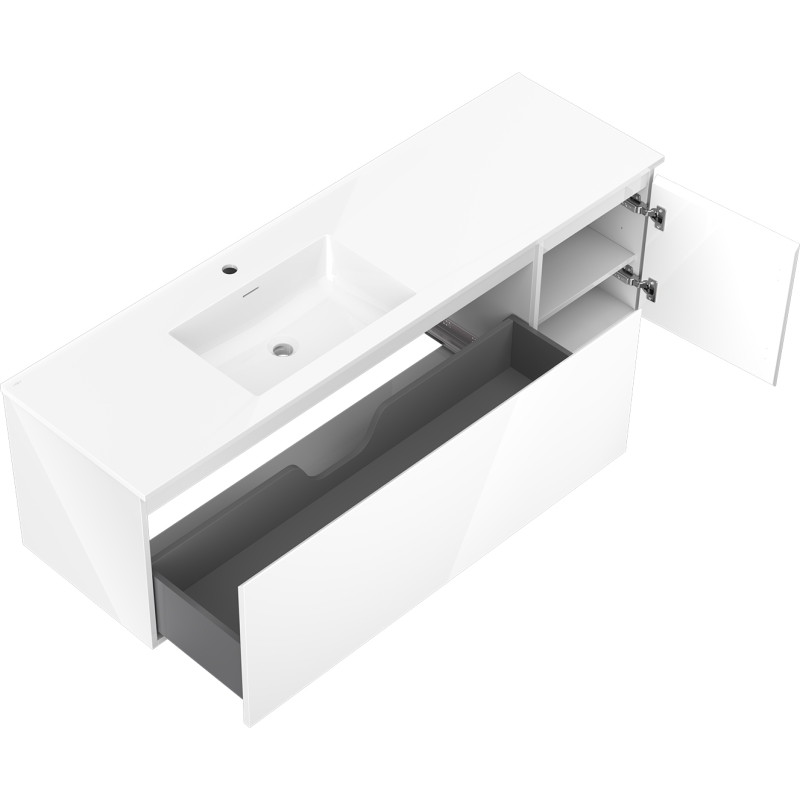 Mexen Orio Badezimmerschrank 160 cm mit Waschbecken Otis links, 1S, 1D, weiß glänzend - 91A13-16047-3-BBFF00-W18L00
