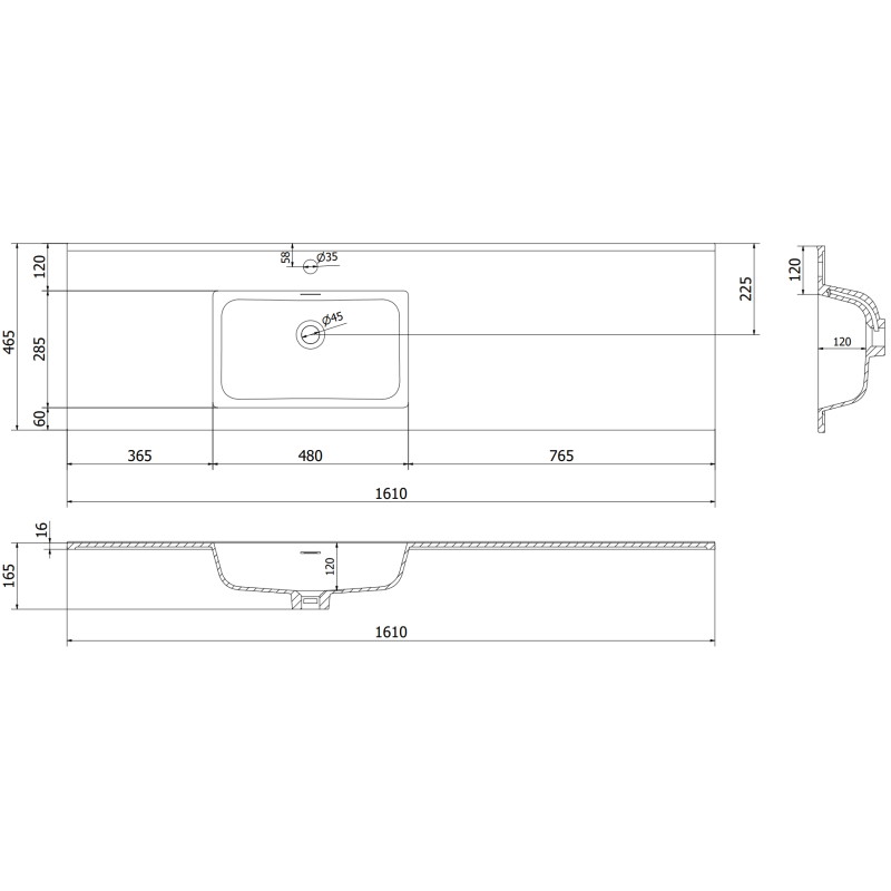 Mexen Orio Badezimmerschrank 160 cm mit linkem Otis-Waschbecken, 1S, 1D, weiß matt - 91A13-16047-3-BBFF01-W18L01