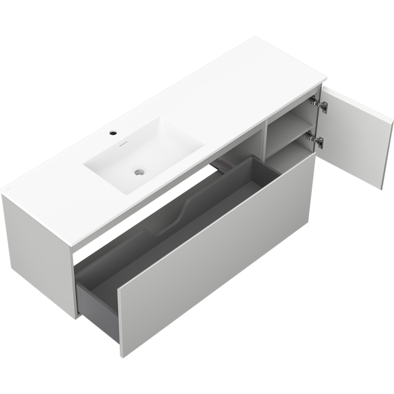 Mexen Orio Badezimmerschrank 160 cm mit linkem Waschbecken Otis, 1S, 1D, grau matt/weiß matt - 91A13-16047-3-BBFF62-W18L01