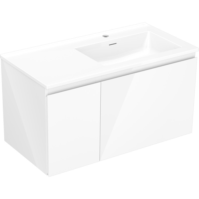 Mexen Orio Badezimmerschrank 90 cm mit Waschbecken Otis rechts, 1S, 1D, weiß glänzend - 91A13-09047-3-BBFF00-W18P00