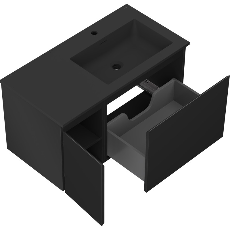 Mexen Orio Badezimmerschrank 90 cm mit Waschbecken Otis rechts, 1S, 1D, schwarz matt - 91A13-09047-3-BBFF71-W18P71