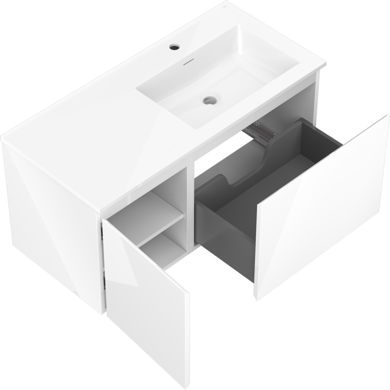 Mexen Orio Badezimmerschrank 100 cm mit rechtem Waschbecken Otis, 1S, 1D, weiß glänzend - 91A13-10047-3-BBFF00-W18P00