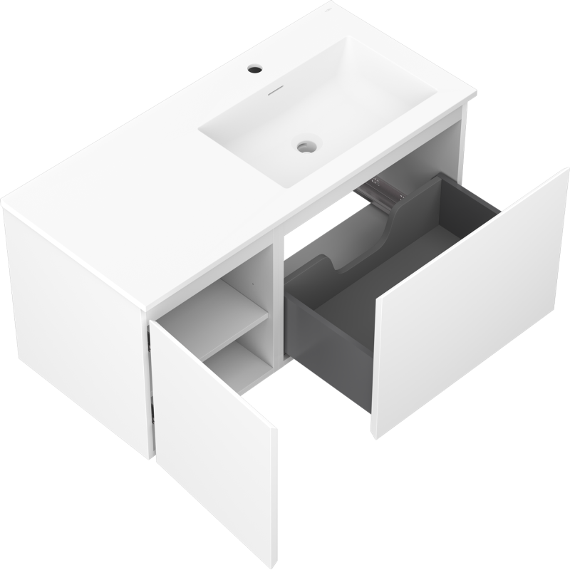 Mexen Orio Badezimmerschrank 100 cm mit Waschbecken Otis rechts, 1S, 1D, weiß matt - 91A13-10047-3-BBFF01-W18P01