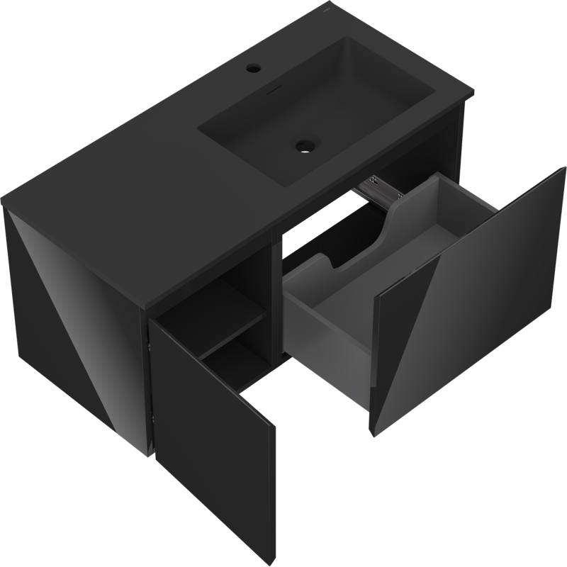 Mexen Orio Badschrank 100 cm mit Otis Waschbecken rechts, 1S, 1D, schwarz glänzend/schwarz matt - 91A13-10047-3-BBFF70-W18P71
