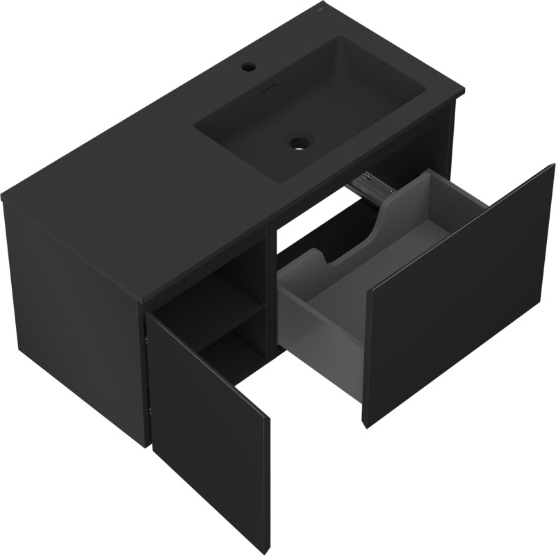 Mexen Orio Badezimmerschrank 100 cm mit Waschbecken Otis rechts, 1S, 1D, schwarz matt - 91A13-10047-3-BBFF71-W18P71
