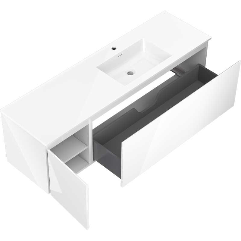 Mexen Orio Badezimmerschrank 160 cm mit rechtem Otis-Waschtisch, 1S, 1D, weiß glänzend - 91A13-16047-3-BBFF00-W18P00
