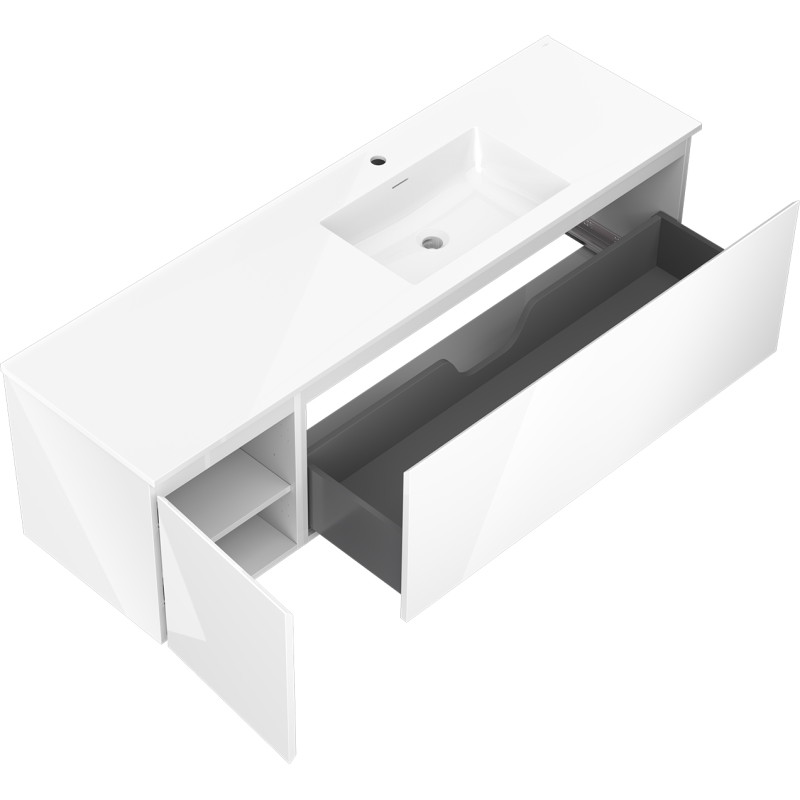 Mexen Orio Badezimmerschrank 160 cm mit Waschbecken Otis rechts, 1S, 1D, weiß glänzend - 91A13-16047-3-BBFF00-W18P00