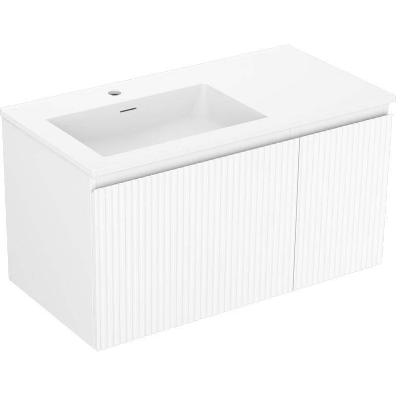 Mexen Rivel Badezimmerschrank 90 cm mit Waschbecken Otis links, 1S, 1D, geriffelt, weiß matt - 91A23-09047-3-BBFF01-W18L01