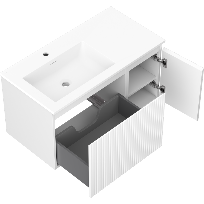 Mexen Rivel Badezimmerschrank 90 cm mit linker Otis-Waschtisch, 1S, 1D, gefräst, weiß matt - 91A23-09047-3-BBFF01-W18L01