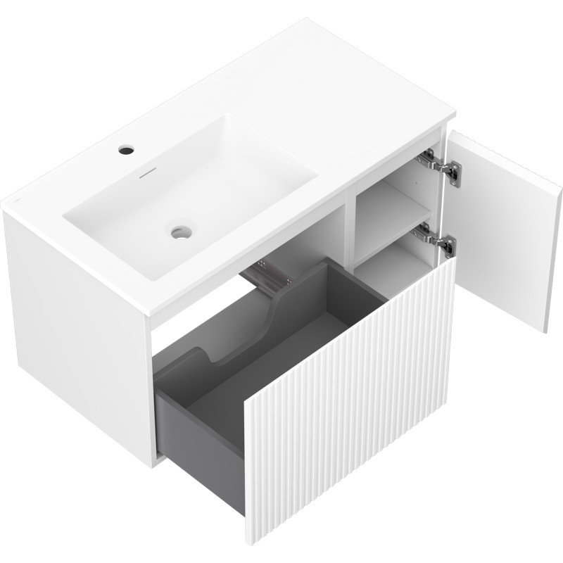 Mexen Rivel Badezimmerschrank 90 cm mit Waschbecken Otis links, 1S, 1D, geriffelt, weiß matt - 91A23-09047-3-BBFF01-W18L01