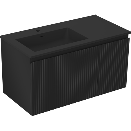 Mexen Rivel Badezimmerschrank 90 cm mit Waschbecken Otis links, 1S, 1D, geriffelt, schwarz matt - 91A23-09047-3-BBFF71-W18L71