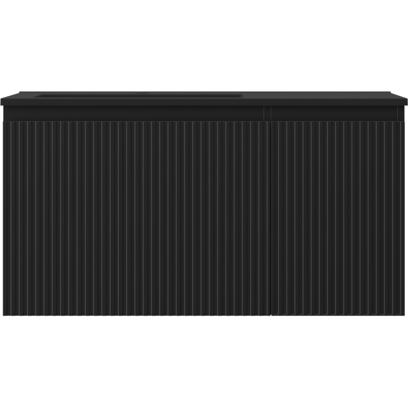 Mexen Rivel Badezimmerschrank 90 cm mit Waschbecken Otis links, 1S, 1D, geriffelt, schwarz matt - 91A23-09047-3-BBFF71-W18L71