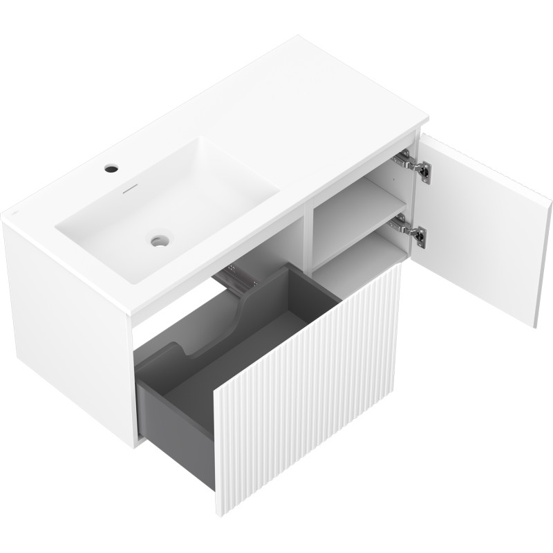 Mexen Rivel Badezimmerschrank 100 cm mit Waschbecken Otis links, 1S, 1D, geriffelt, weiß matt - 91A23-10047-3-BBFF01-W18L01