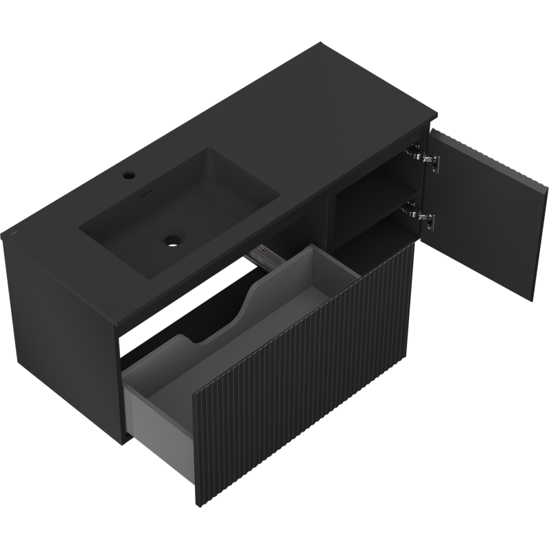 Mexen Rivel Badezimmer-Schrank 120 cm mit Otis Waschbecken links, 1S, 1D, geriffelt, schwarz matt - 91A23-12047-3-BBFF71-W18L71