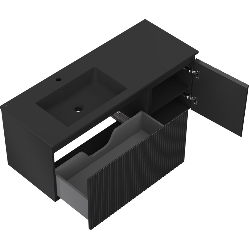 Mexen Rivel Badezimmerschrank 120 cm mit Waschbecken Otis links, 1S, 1T, gefräst, schwarz matt - 91A23-12047-3-BBFF71-W18L71