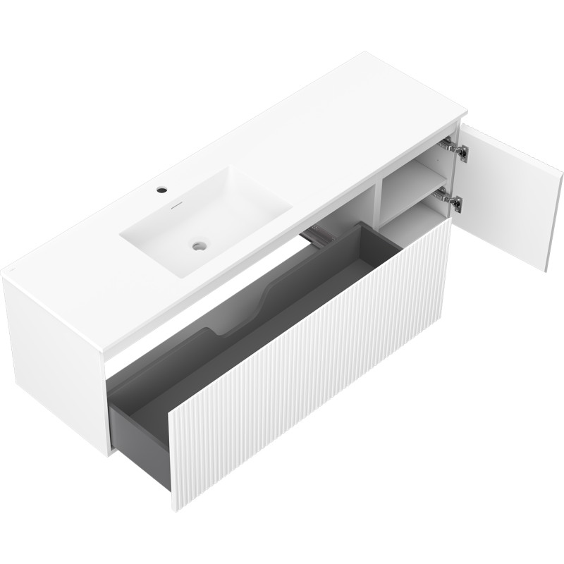 Mexen Rivel Badezimmerschrank 160 cm mit Waschbecken Otis links, 1S, 1D, geriffelt, weiß matt - 91A23-16047-3-BBFF01-W18L01