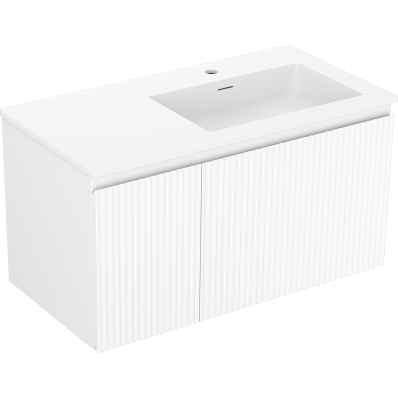 Mexen Rivel Badezimmerschrank 90 cm mit Otis-Waschbecken rechts, 1S, 1D, geriffelt, weiß matt - 91A23-09047-3-BBFF01-W18P01