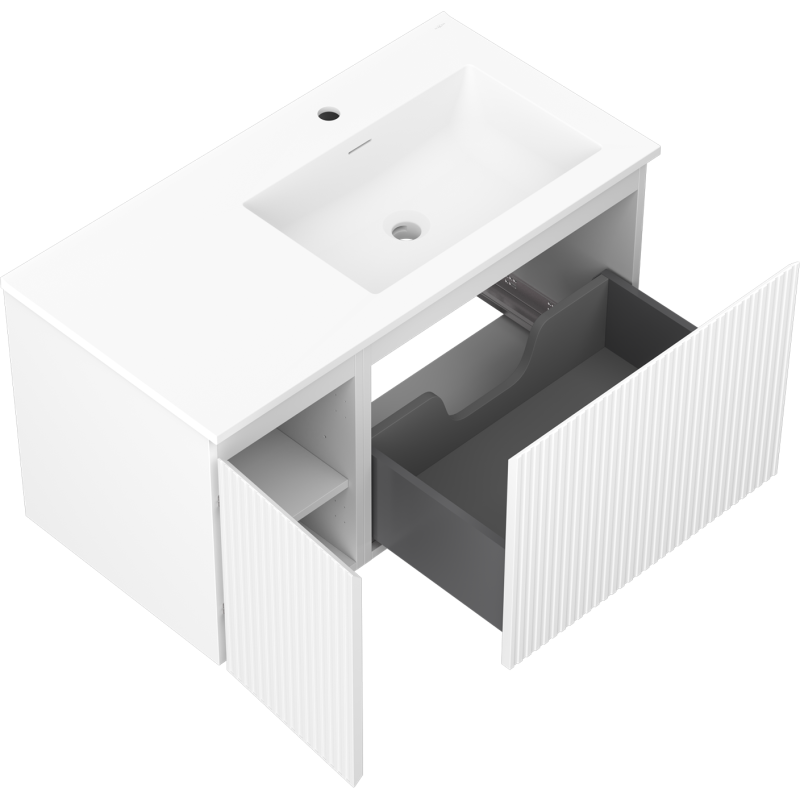 Mexen Rivel Badezimmerschrank 90 cm mit Otis-Waschbecken rechts, 1S, 1D, geriffelt, weiß matt - 91A23-09047-3-BBFF01-W18P01