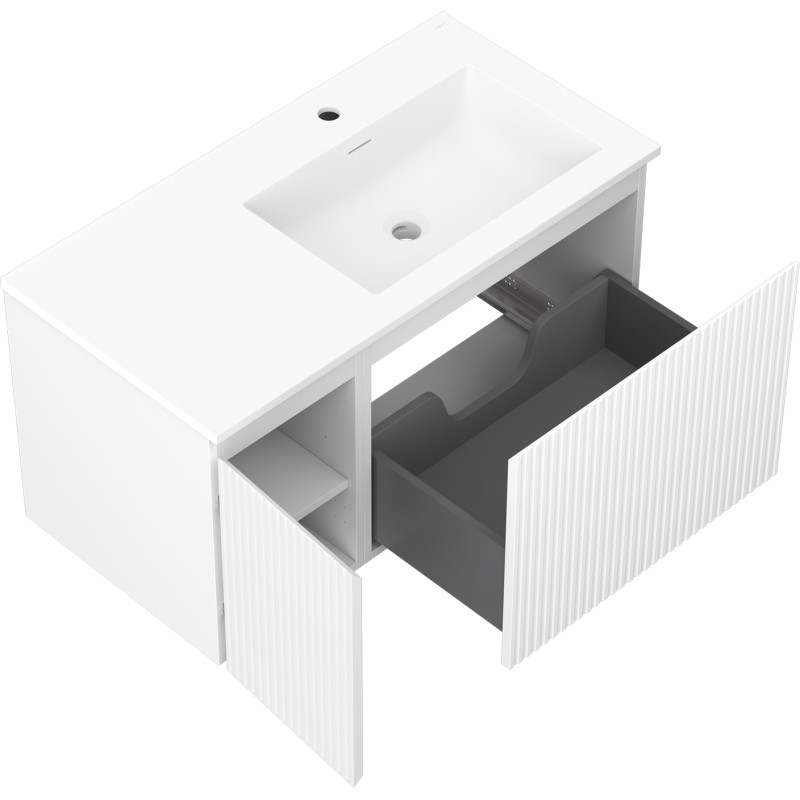 Mexen Rivel Badezimmerschrank 90 cm mit Waschbecken Otis rechts, 1S, 1D, geriffelt, weiß matt - 91A23-09047-3-BBFF01-W18P01