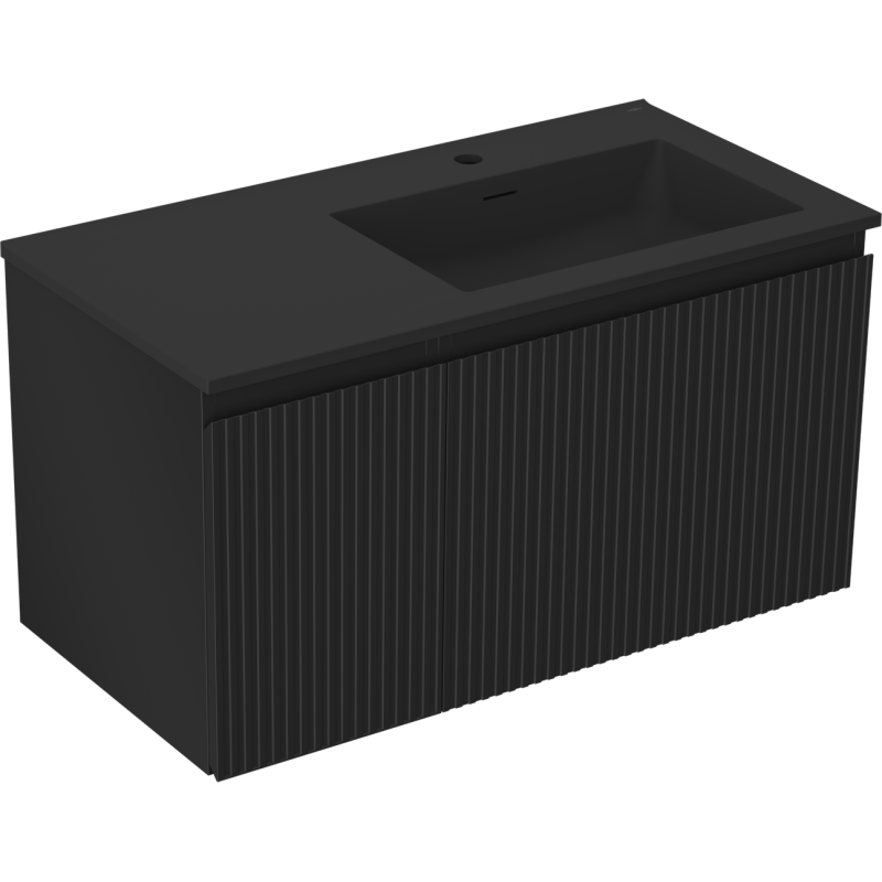 Mexen Rivel Badezimmerschrank 90 cm mit Waschbecken Otis rechts, 1S, 1D, geriffelt, schwarz matt - 91A23-09047-3-BBFF71-W18P71