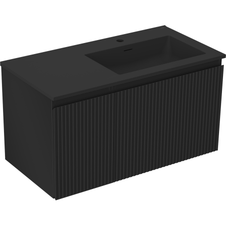 Mexen Rivel Badezimmerschrank 90 cm mit Waschbecken Otis rechts, 1S, 1D, geriffelt, schwarz matt - 91A23-09047-3-BBFF71-W18P71