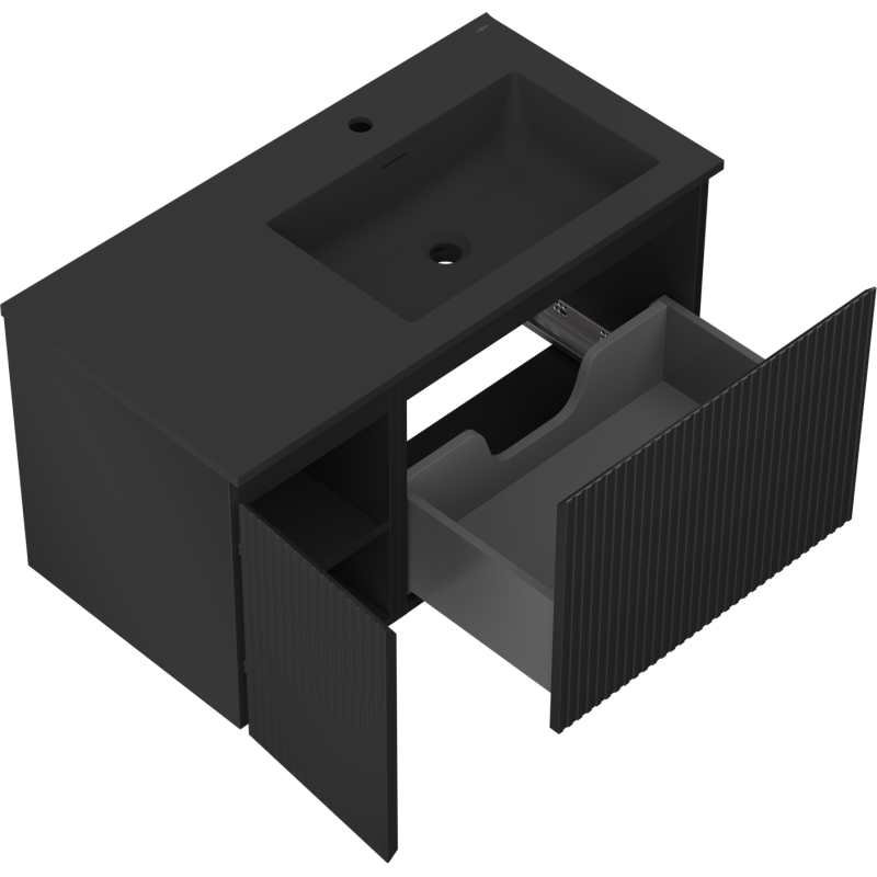 Mexen Rivel Badezimmerschrank 90 cm mit Waschbecken Otis rechts, 1S, 1D, geriffelt, schwarz matt - 91A23-09047-3-BBFF71-W18P71
