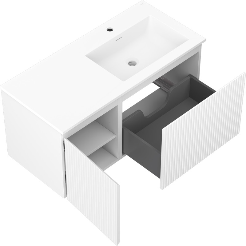 Mexen Rivel Badezimmerschrank 100 cm mit Waschbecken Otis rechts, 1S, 1D, geriffelt, mattweiß - 91A23-10047-3-BBFF01-W18P01