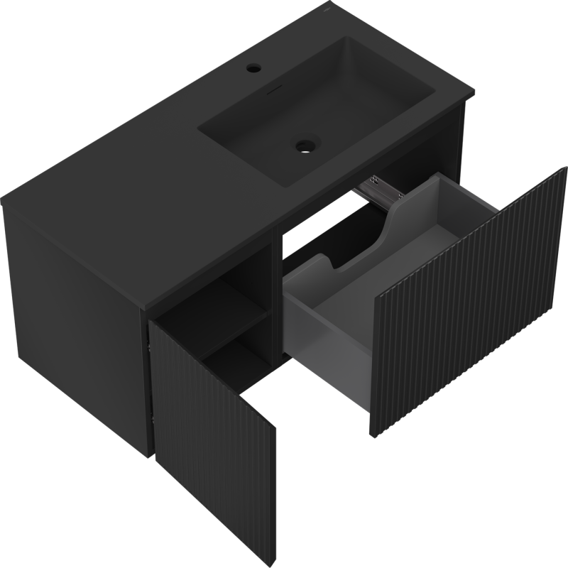 Mexen Rivel Badezimmerschrank 100 cm mit Waschtisch Otis rechts, 1S, 1D, geriffelt, schwarz matt - 91A23-10047-3-BBFF71-W18P71