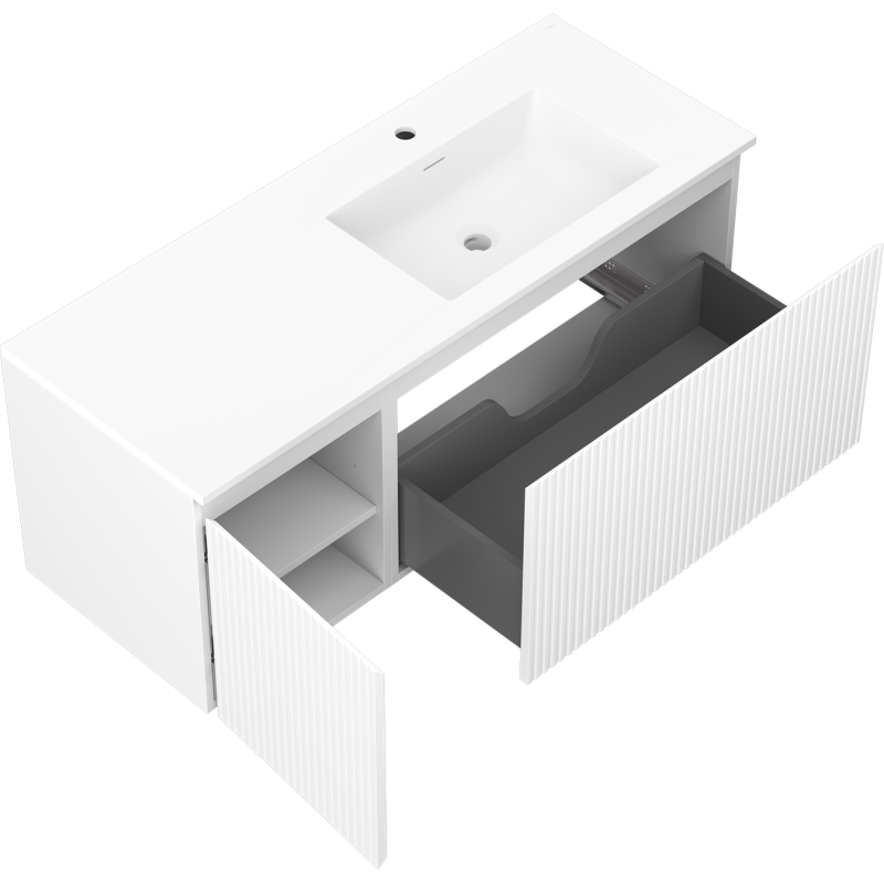 Mexen Rivel Badezimmerschrank 120 cm mit Waschbecken Otis rechts, 1S, 1D, gerillt, weiß matt - 91A23-12047-3-BBFF01-W18P01
