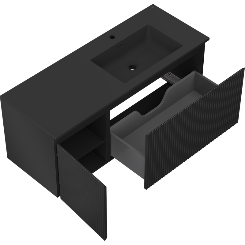 Mexen Rivel Badezimmerschrank 120 cm mit Waschbecken Otis rechts, 1S, 1D, gerillt, schwarz matt - 91A23-12047-3-BBFF71-W18P71