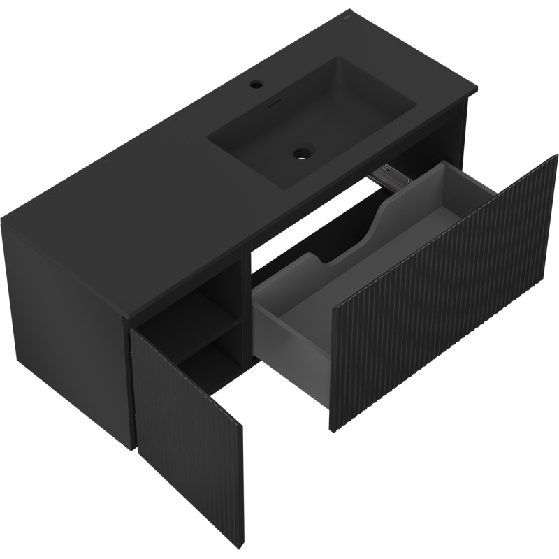 Mexen Rivel Badezimmerschrank 120 cm mit Waschbecken Otis rechts, 1S, 1T, geriffelt, schwarz matt - 91A23-12047-3-BBFF71-W18P71