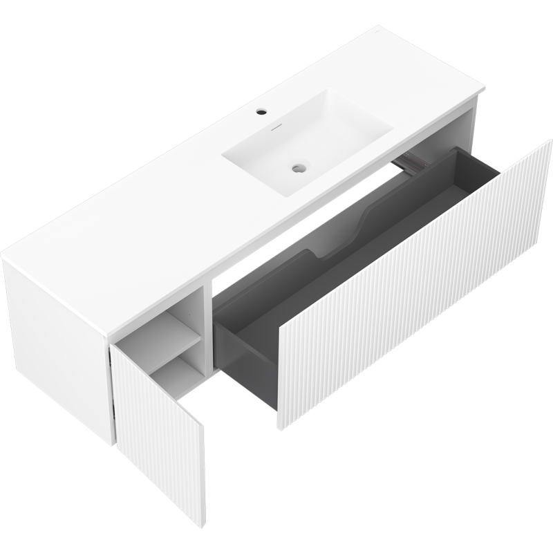 Mexen Rivel Badezimmerschrank 160 cm mit rechter Otis-Waschbecken, 1S, 1D, gerillt, weiß matt - 91A23-16047-3-BBFF01-W18P01