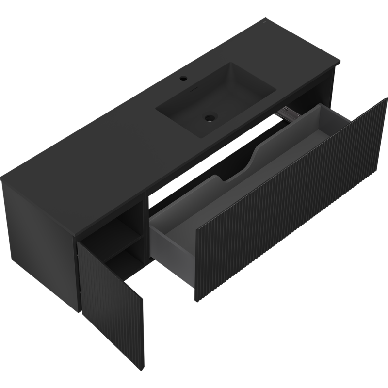 Mexen Rivel Badezimmerschrank 160 cm mit Waschbecken Otis rechts, 1S, 1D, gerillt, schwarz matt - 91A23-16047-3-BBFF71-W18P71
