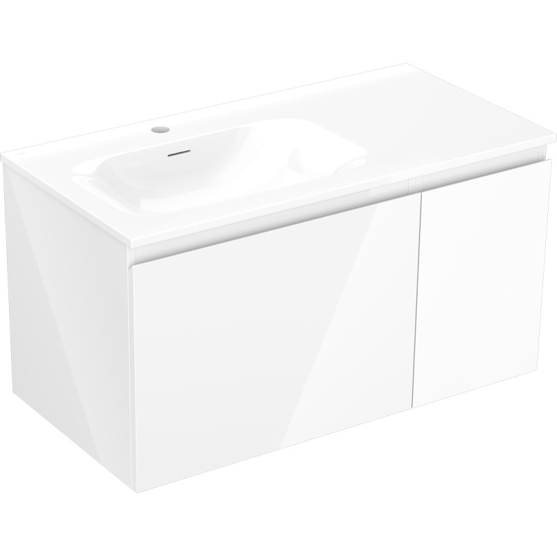Mexen Orio Badezimmerschrank 90 cm mit Waschbecken Vela links, 1S, 1T, weiß glänzend - 91A13-09047-3-BBFF00-W23L00