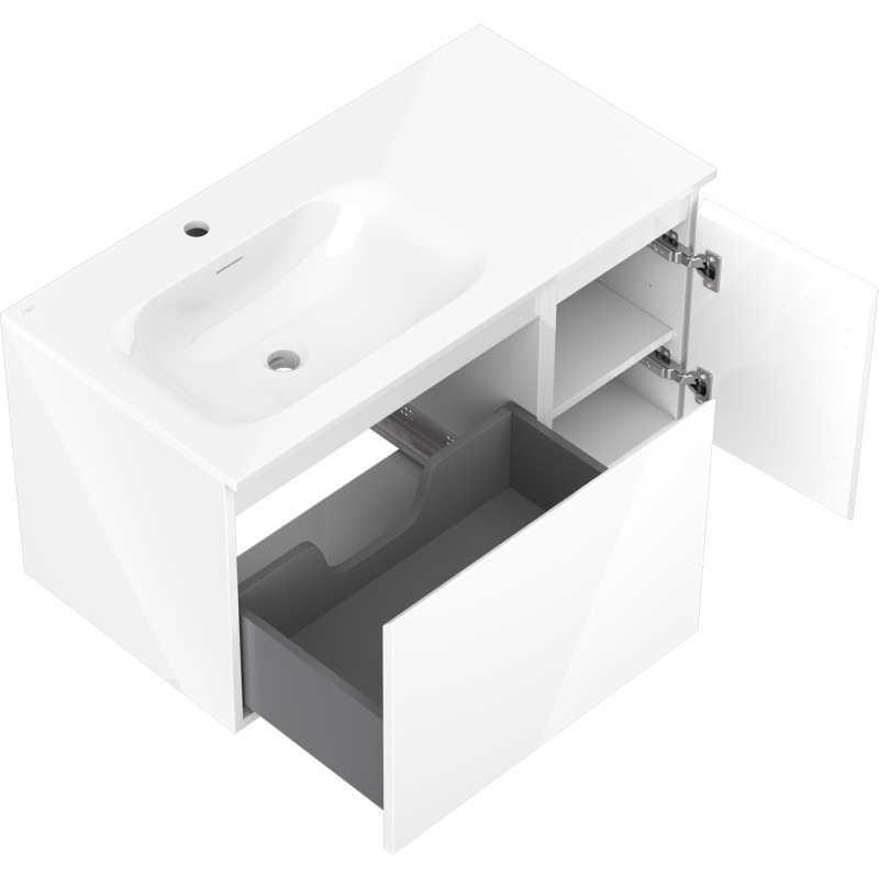 Mexen Orio Badezimmerschrank 90 cm mit Waschbecken Vela links, 1S, 1T, weiß glänzend - 91A13-09047-3-BBFF00-W23L00