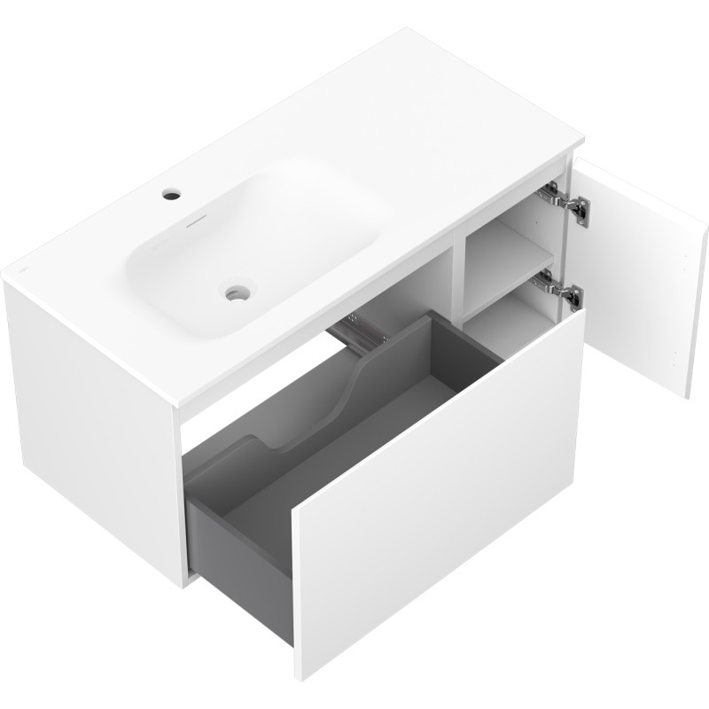 Mexen Orio Badezimmerschrank 90 cm mit Waschbecken Vela links, 1S, 1T, weiß matt - 91A13-09047-3-BBFF01-W23L01
