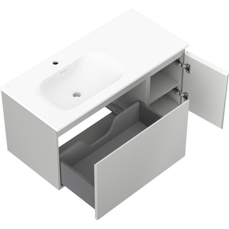 Mexen Orio Badezimmerunterschrank 90 cm mit Waschtisch Vela links, 1S, 1T, grau matt/weiß matt - 91A13-09047-3-BBFF62-W23L01