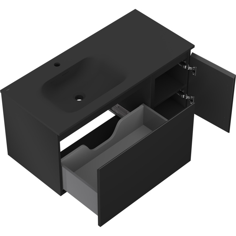 Mexen Orio Badezimmerschrank 90 cm mit Waschbecken Vela links, 1S, 1T, schwarz matt - 91A13-09047-3-BBFF71-W23L71