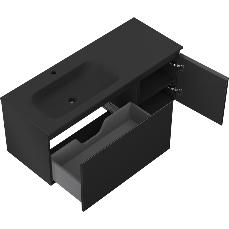 Mexen Orio Badezimmerschrank 120 cm mit Waschbecken Vela links, 1S, 1D, schwarz matt - 91A13-12047-3-BBFF71-W23L71