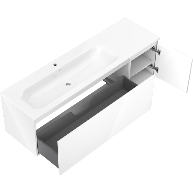 Mexen Orio Badezimmerschrank 160 cm mit Waschtisch Vela links, 1S, 1T, weiß glänzend - 91A13-16047-3-BBFF00-W23L00
