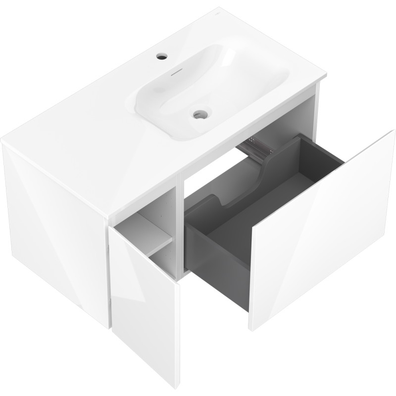 Mexen Orio Badezimmerschrank 90 cm mit Waschbecken Vela rechts, 1S, 1D, weiß glänzend - 91A13-09047-3-BBFF00-W23P00