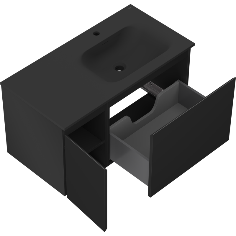 Mexen Orio Badezimmerschrank 90 cm mit Waschbecken Vela rechts, 1S, 1D, schwarz matt - 91A13-09047-3-BBFF71-W23P71