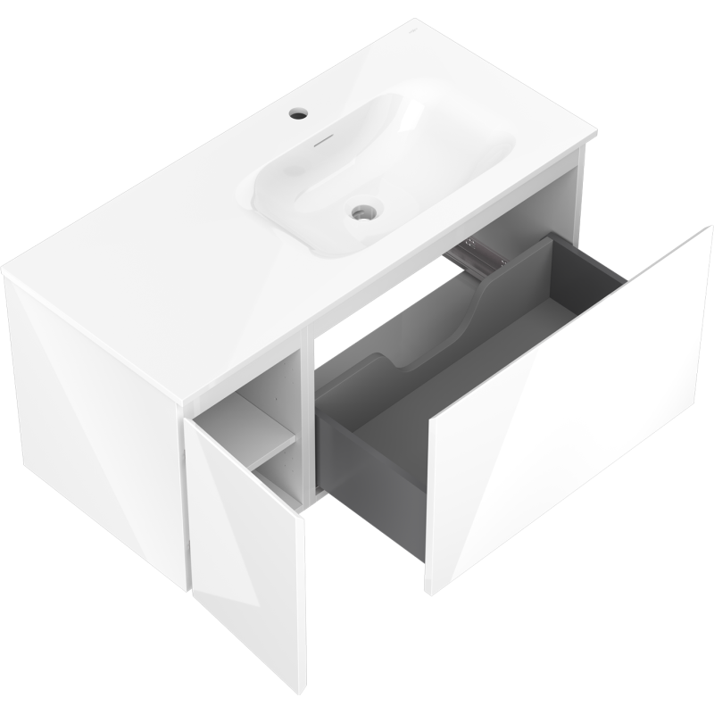 Mexen Orio Badezimmerschrank 100 cm mit Waschbecken Vela rechts, 1S, 1D, weiß glänzend - 91A13-10047-3-BBFF00-W23P00