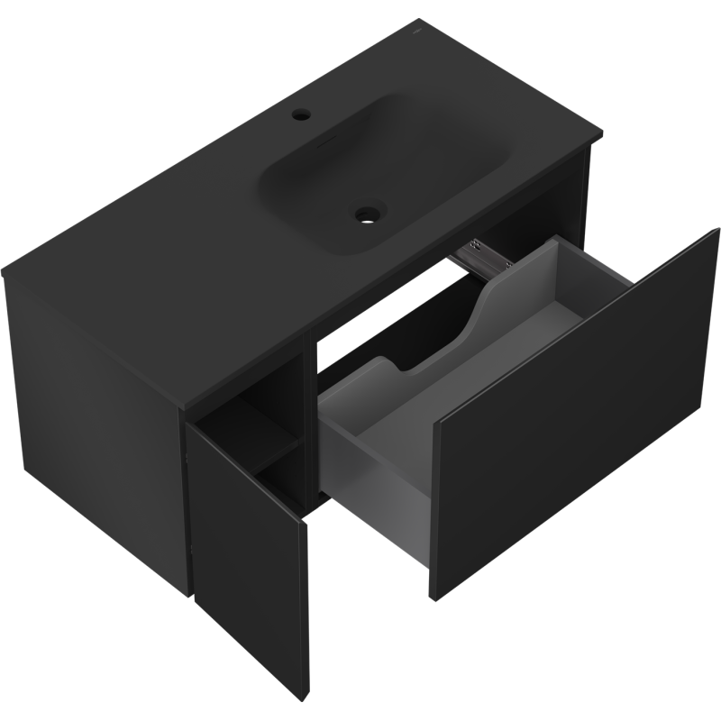 Mexen Orio Badezimmerschrank 100 cm mit Waschbecken Vela rechts, 1S, 1T, Schwarz Matt - 91A13-10047-3-BBFF71-W23P71