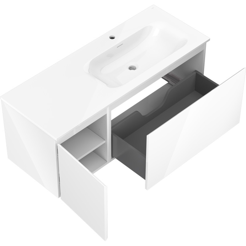 Mexen Orio Badezimmerschrank 120 cm mit Waschbecken Vela rechts, 1S, 1T, weiẞ glänzend - 91A13-12047-3-BBFF00-W23P00