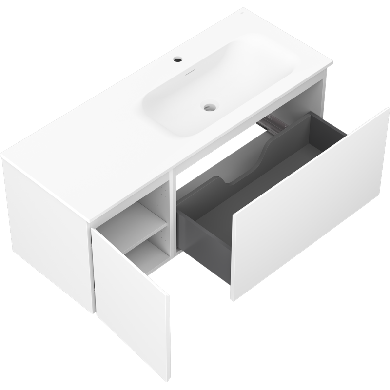 Mexen Orio Badezimmerschrank 120 cm mit Waschbecken Vela rechts, 1 Schublade, 1 Tür, weiß matt - 91A13-12047-3-BBFF01-W23P01