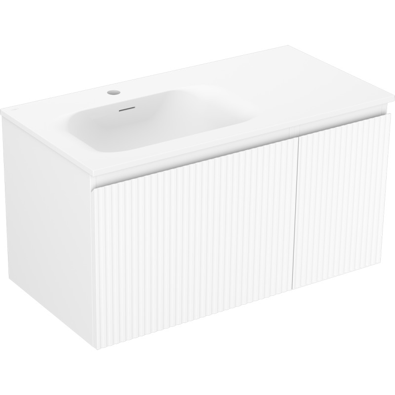 Mexen Rivel Badezimmerschrank 90 cm mit Waschbecken Vela links, 1S, 1D, gerillt, weiß matt - 91A23-09047-3-BBFF01-W23L01